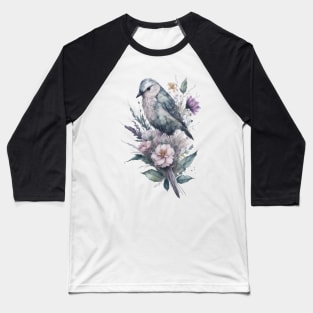 Little Bird around Flowers: Scattered Watercolor in Pastel Colors. Baseball T-Shirt